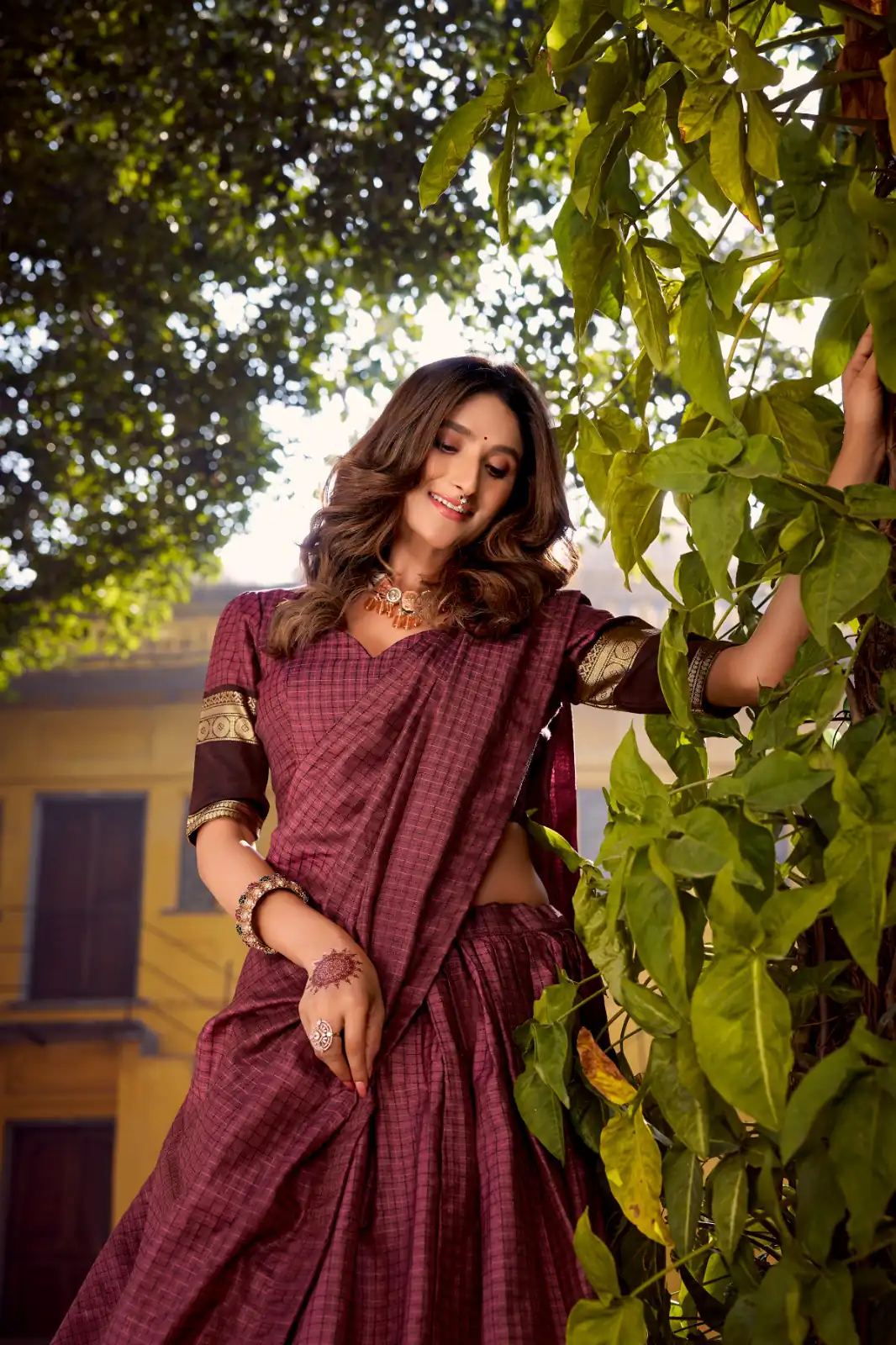 Wine Chettinad Cotton Chex Zari Work Lehenga Choli - Image 4