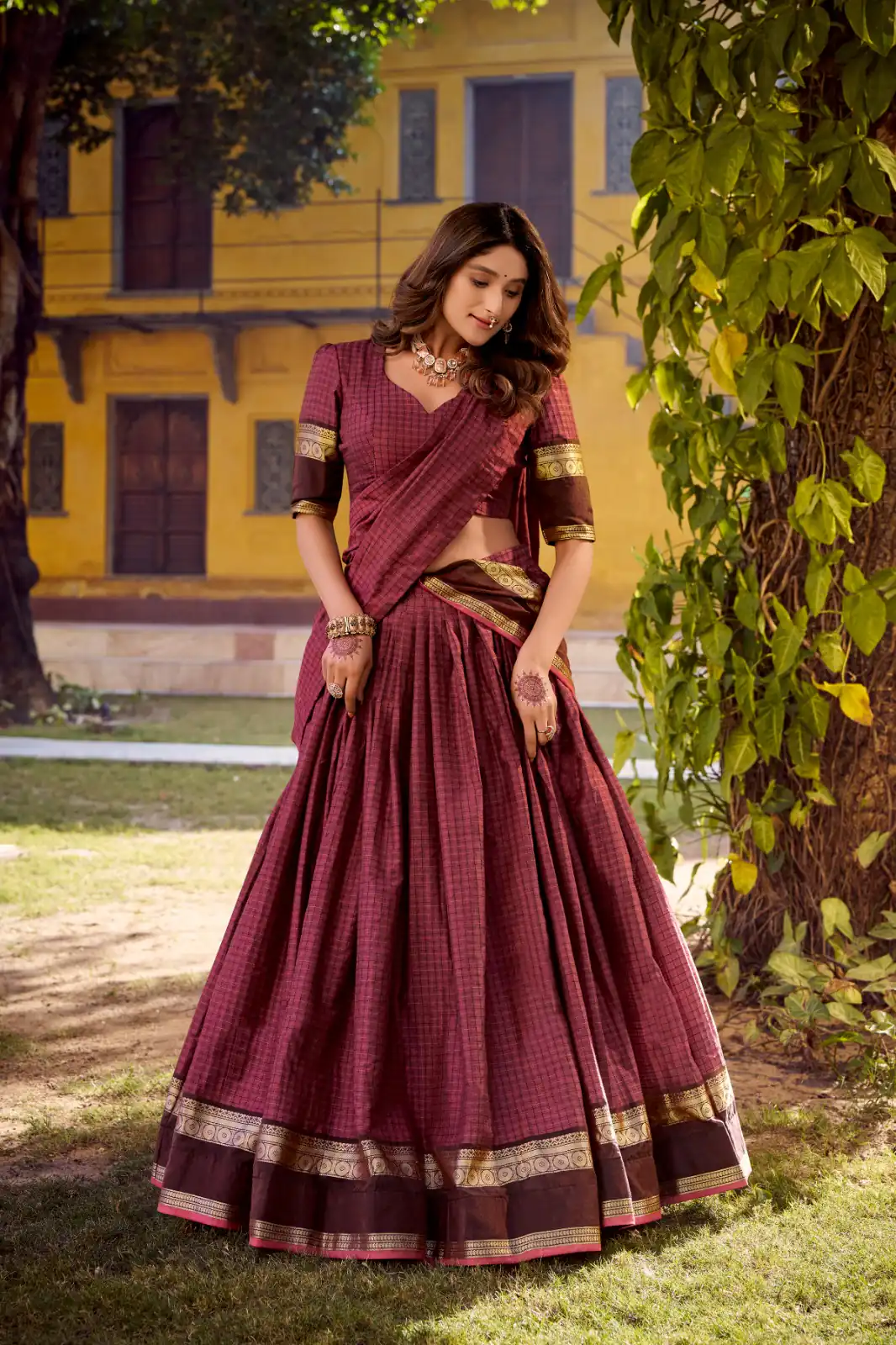 Wine Chettinad Cotton Chex Zari Work Lehenga Choli - Image 2