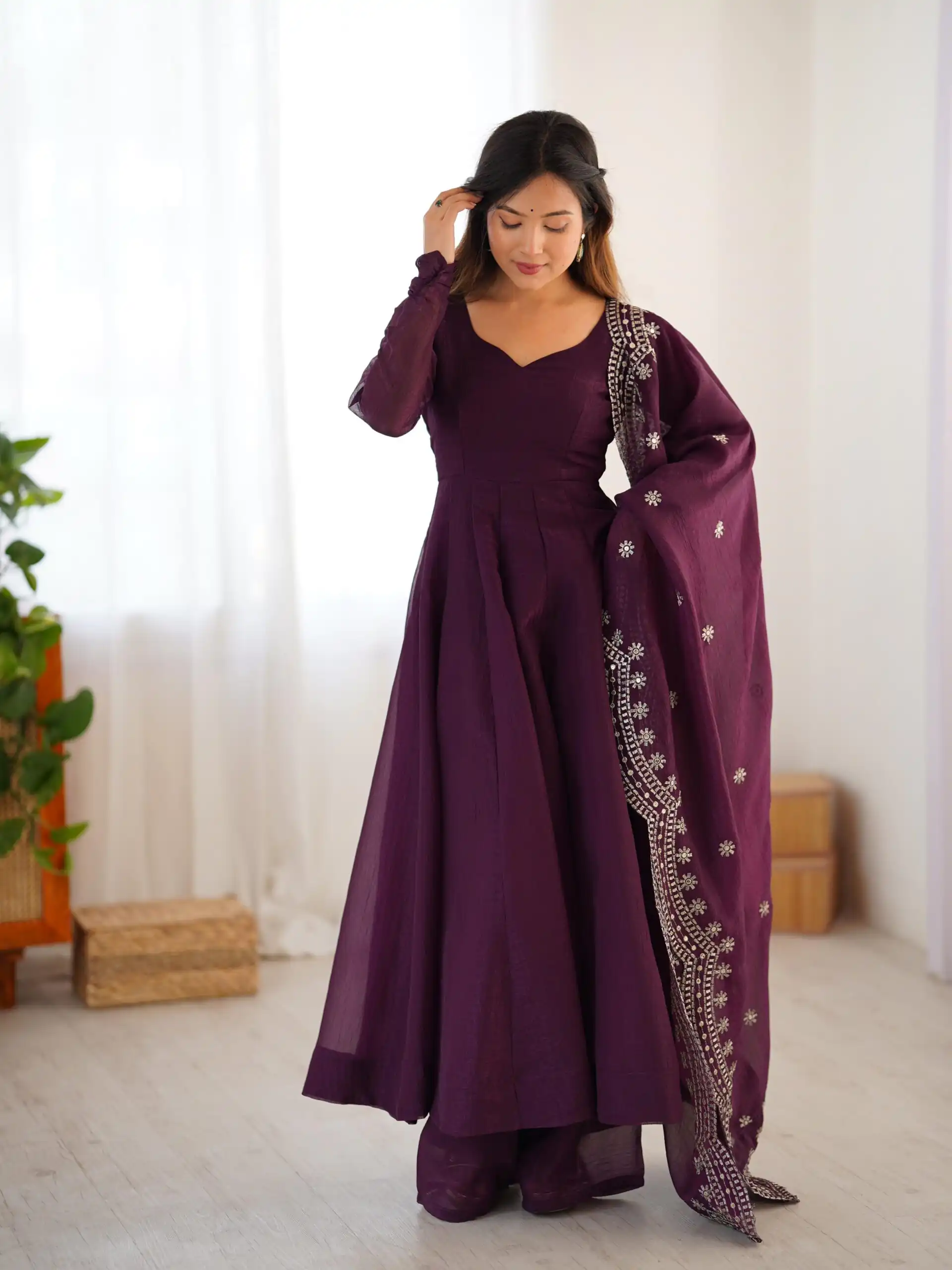 Wine Fandy Silk Embroidery Work Gown - Image 4