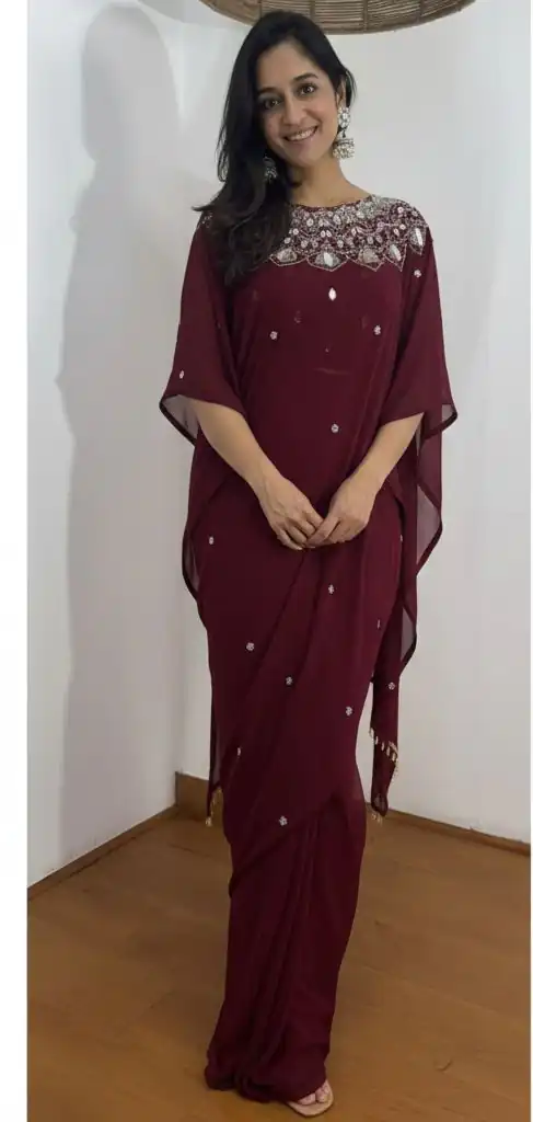 ST 1157 Wine in Faux Georgette Mirror Work & Embroidery Work Saree. Festive Deal ₹1899. Delivery 4-6 Working Days. Shop now. | Sarees, Bollywood Sarees, Creative Sarees, Designer Sarees, Embroidered Sarees, Ethnic Saree, Modern Digital sarees, Party Wear Sarees