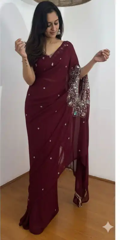 ST 1157 Wine in Faux Georgette Mirror Work & Embroidery Work Saree. Festive Deal ₹1899. Delivery 4-6 Working Days. Shop now. | Sarees, Bollywood Sarees, Creative Sarees, Designer Sarees, Embroidered Sarees, Ethnic Saree, Modern Digital sarees, Party Wear Sarees