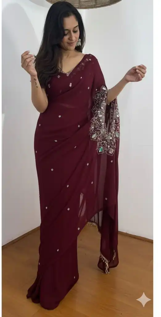 ST 1157 Wine in Faux Georgette Mirror Work & Embroidery Work Saree. Festive Deal ₹1899. Delivery 4-6 Working Days. Shop now. | Sarees, Bollywood Sarees, Creative Sarees, Designer Sarees, Embroidered Sarees, Ethnic Saree, Modern Digital sarees, Party Wear Sarees
