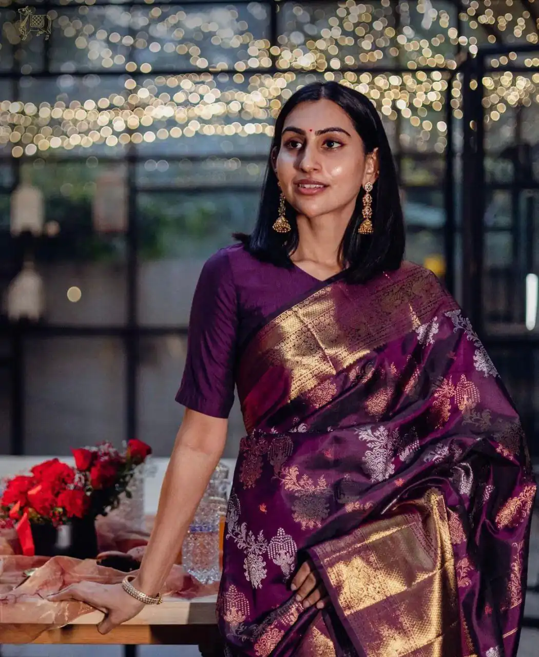 Wine Soft Lichi Silk On All Over Border Saree - Image 4