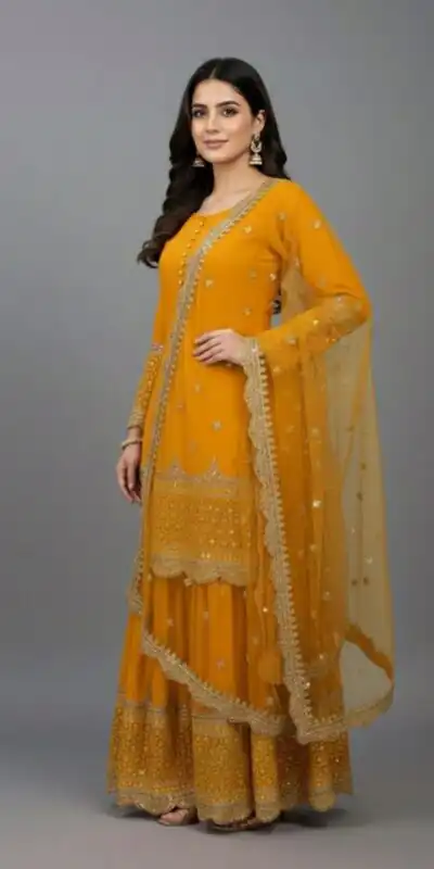 ZF 250 Yellow Color Faux Georgette Embroidery Sequence Work Sharara Suit Wedding, Party, Festive, Events Etc. Expected Delivery 4-6 Working Days @2099/- | Jump Suits, Salwar suit, Casual Suits, Creative suits, Designer Suits, Palazzo Suits, Party Wear Suits, Patiala Suits, Straight Suits