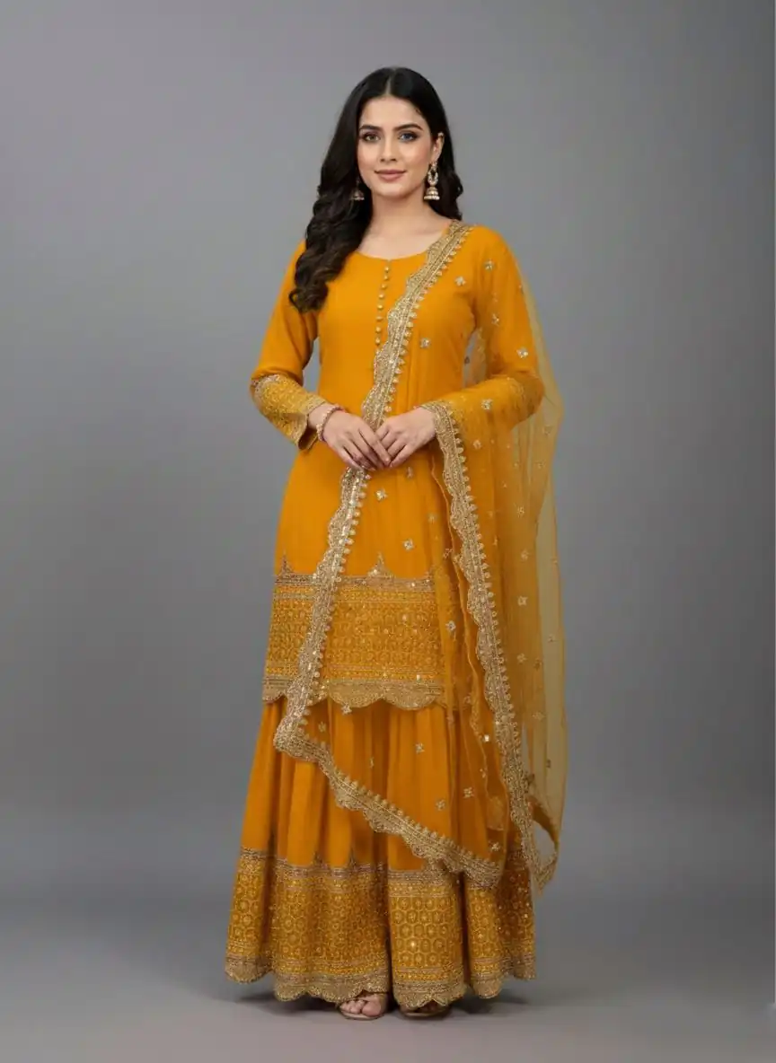ZF 250 Yellow Color Faux Georgette Embroidery Sequence Work Sharara Suit Wedding, Party, Festive, Events Etc. Expected Delivery 4-6 Working Days @2099/- | Jump Suits, Salwar suit, Casual Suits, Creative suits, Designer Suits, Palazzo Suits, Party Wear Suits, Patiala Suits, Straight Suits