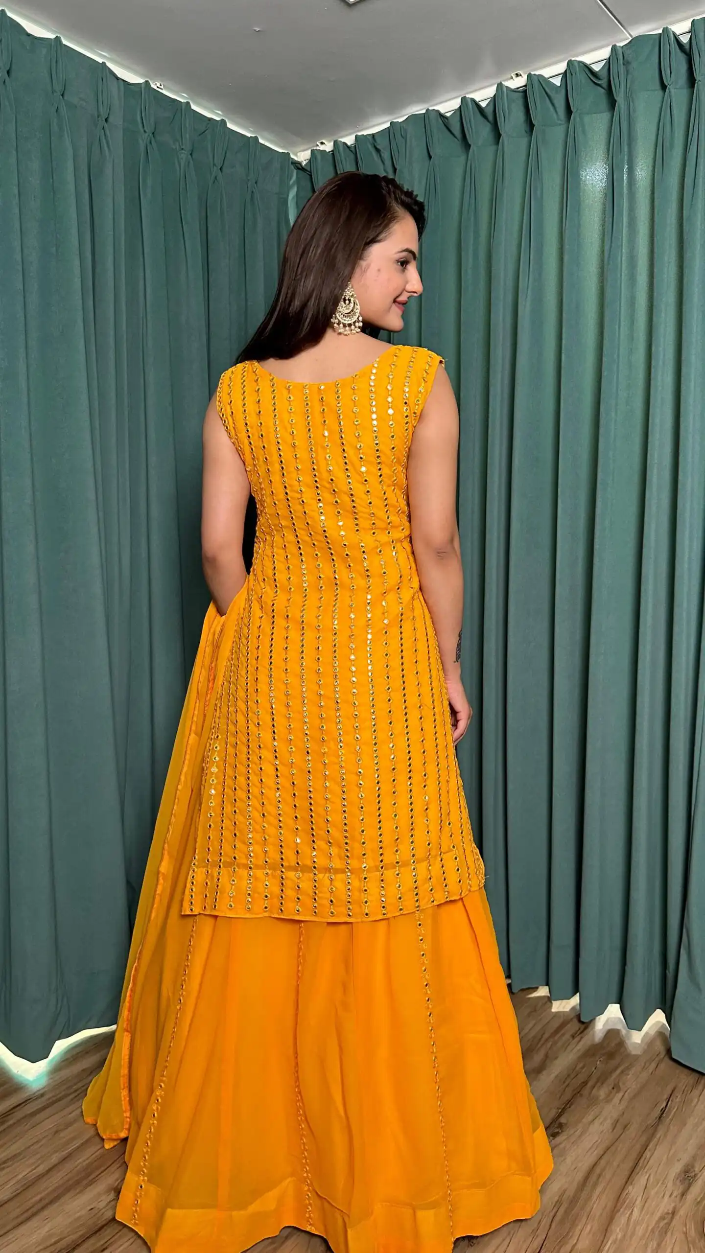 Yellow Georgette Mirror Work Lehenga Choli - Image 6