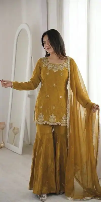 Alternative view of Aglow Mustered Fendy Silk Embroidery Work Salwar Suit