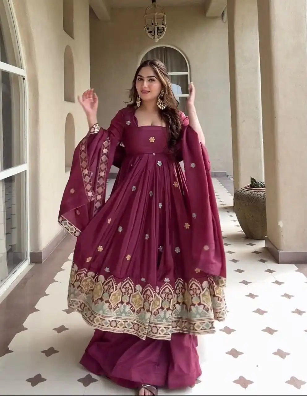Aglow Red Natural Crep Embroidery Work Anarkali Suit - Image 2