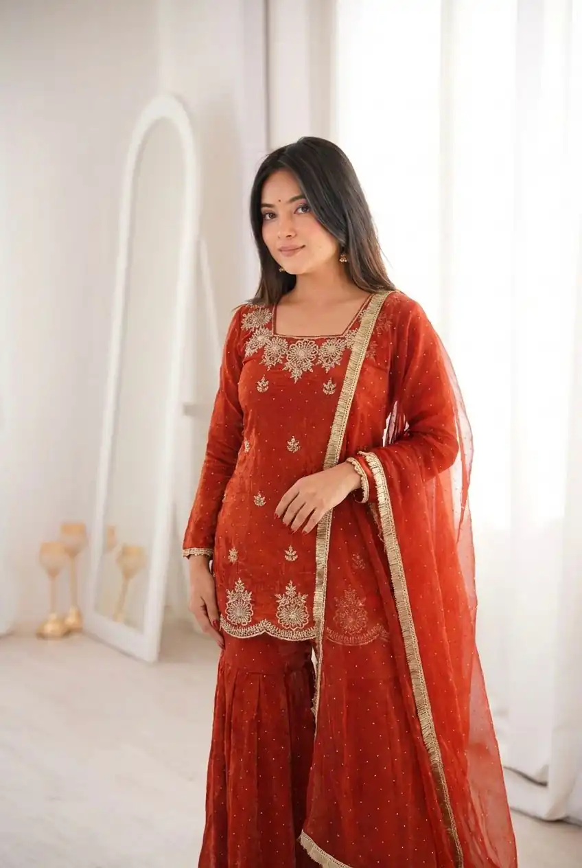 Aglow Rust Fendy Silk Embroidery Work Salwar Suit - Image 2