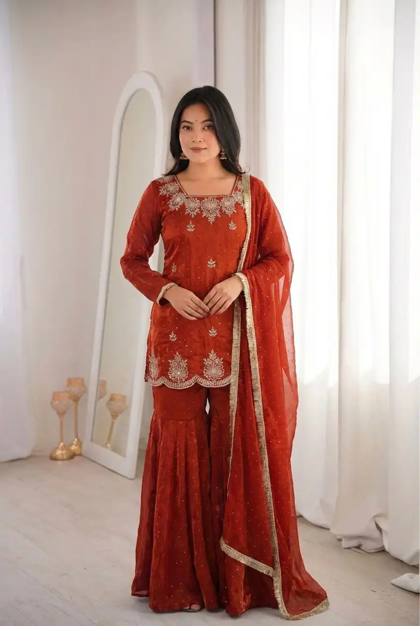Aglow Rust Fendy Silk Embroidery Work Salwar Suit