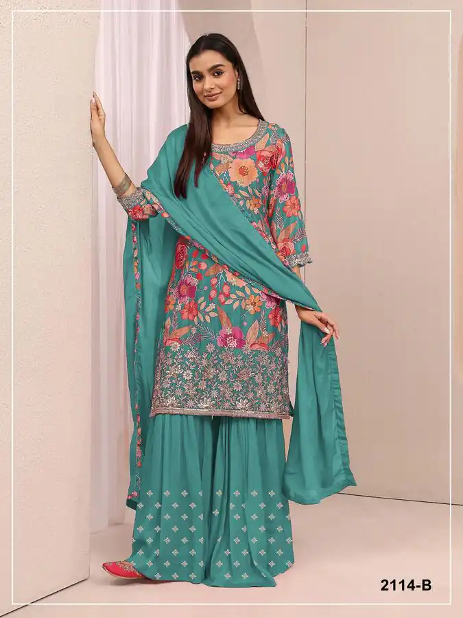 Alluring Firozi Chinon Embroidery Work Print Salwar Suit