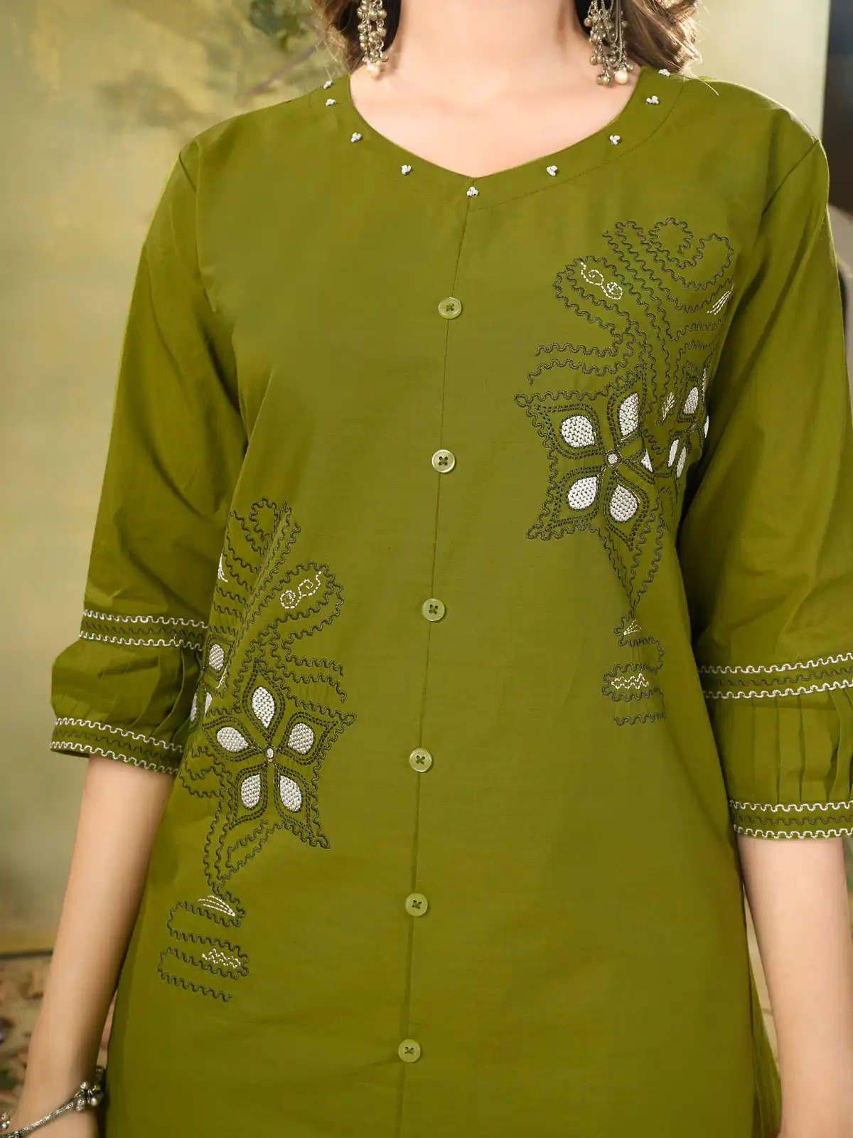 Beautiful Green Pure Cotton Multi Thread Work Kurti - Image 3