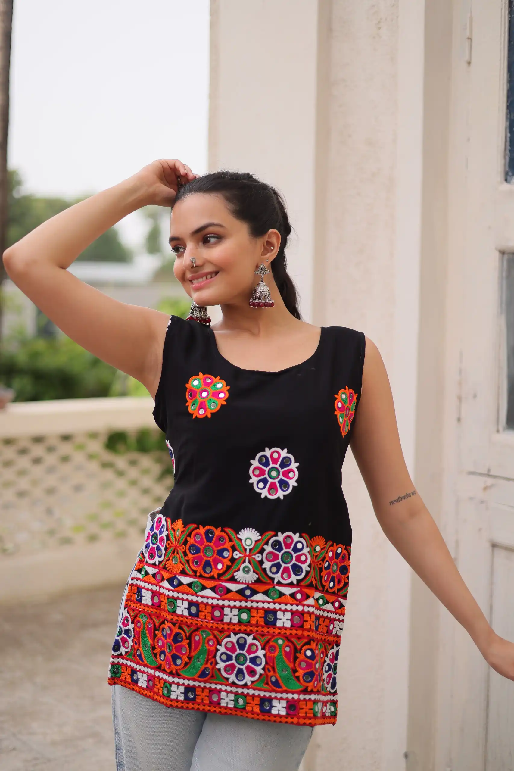Classic Black Georgette Gamthi Work Kurti - Image 3