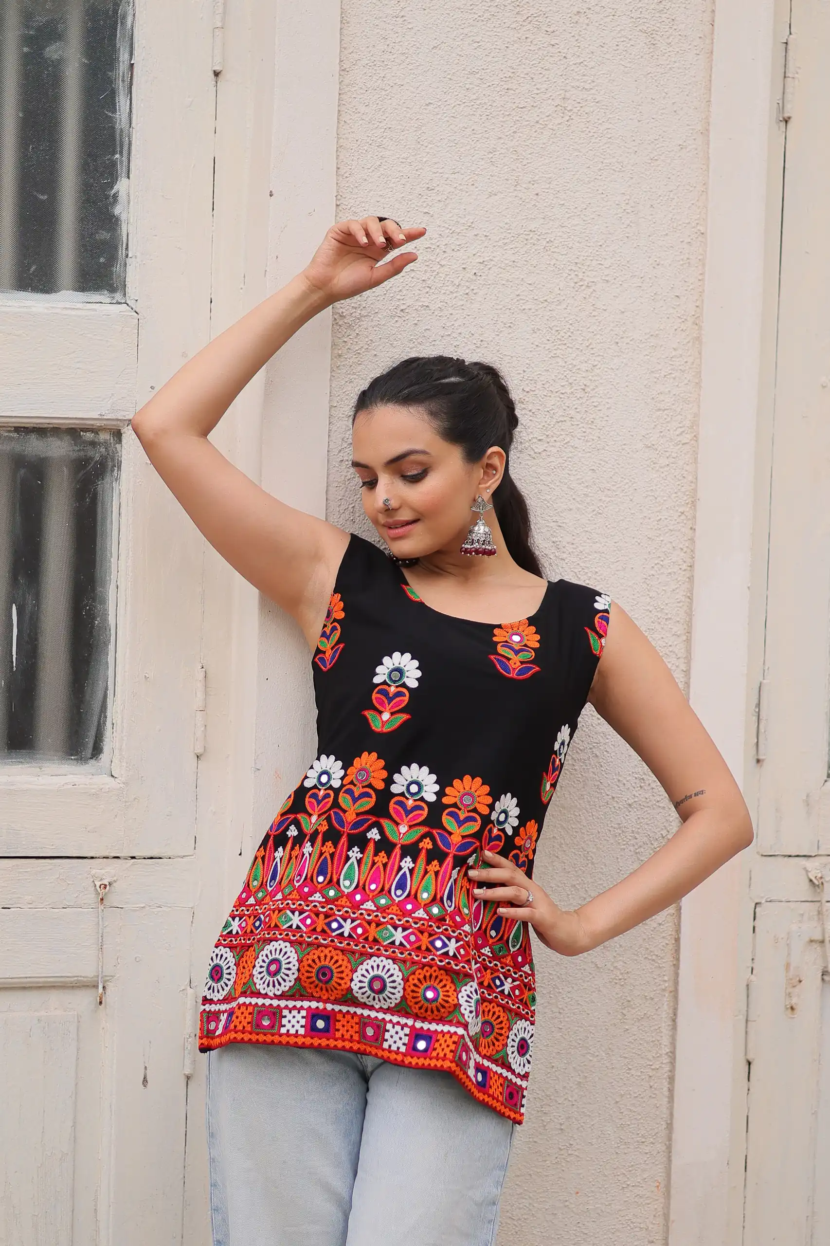 Classic Black Georgette Gamthi Work Kurti - Image 2