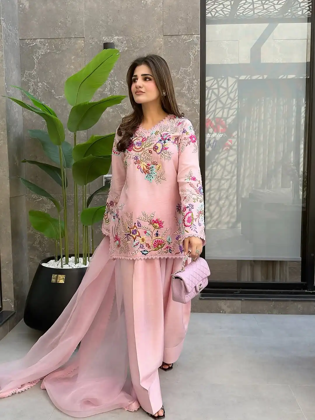 Classic Pink Organza Embroidery Work Salwar Suit