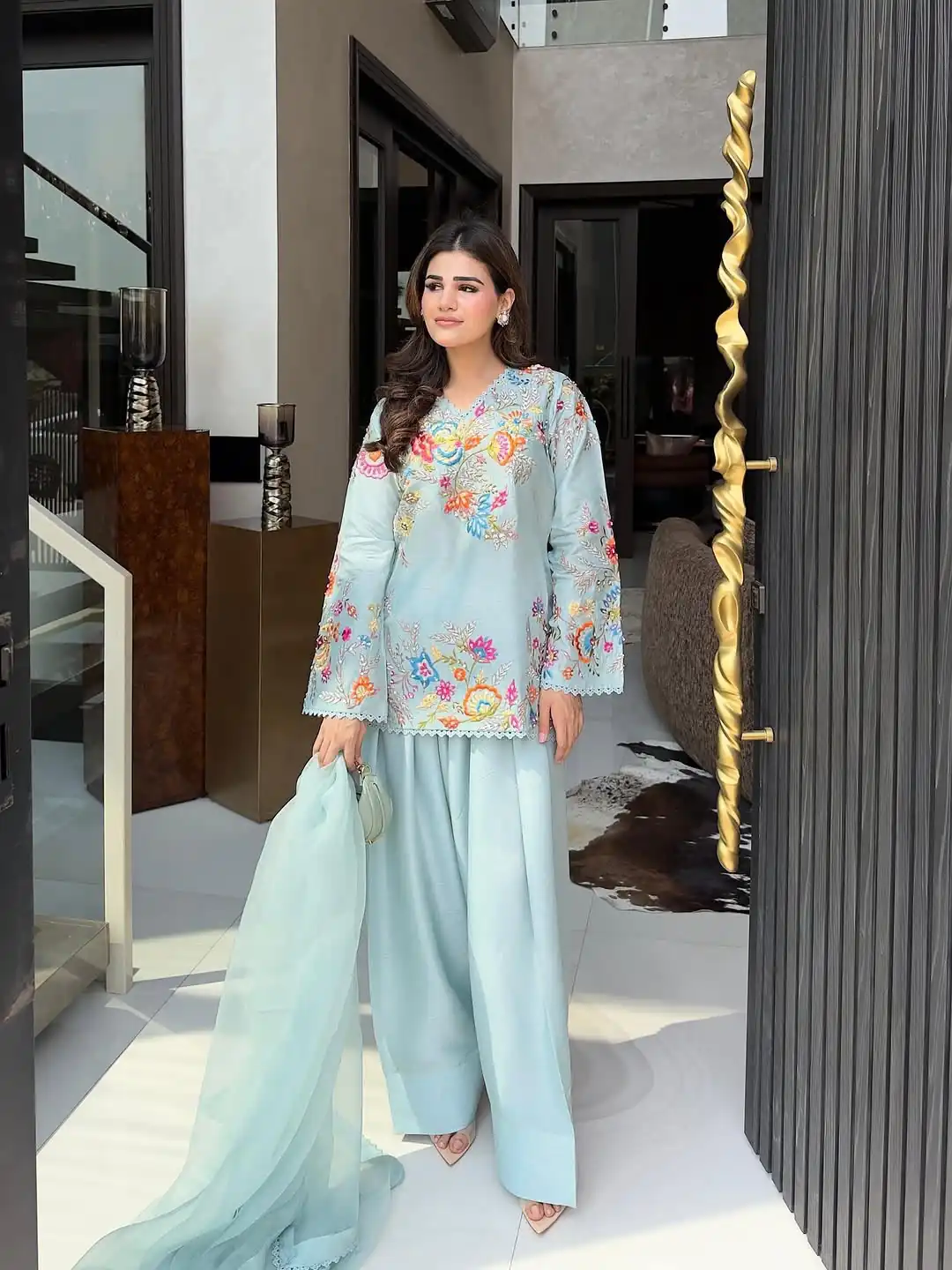 Classic Sky Blue Organza Embroidery Work Salwar Suit - Image 2