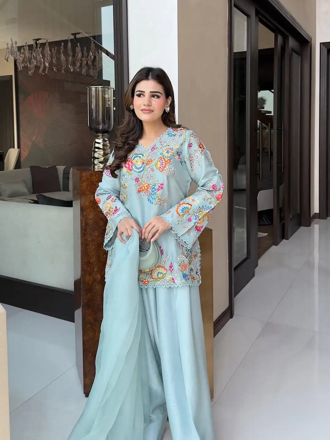 Classic Sky Blue Organza Embroidery Work Salwar Suit