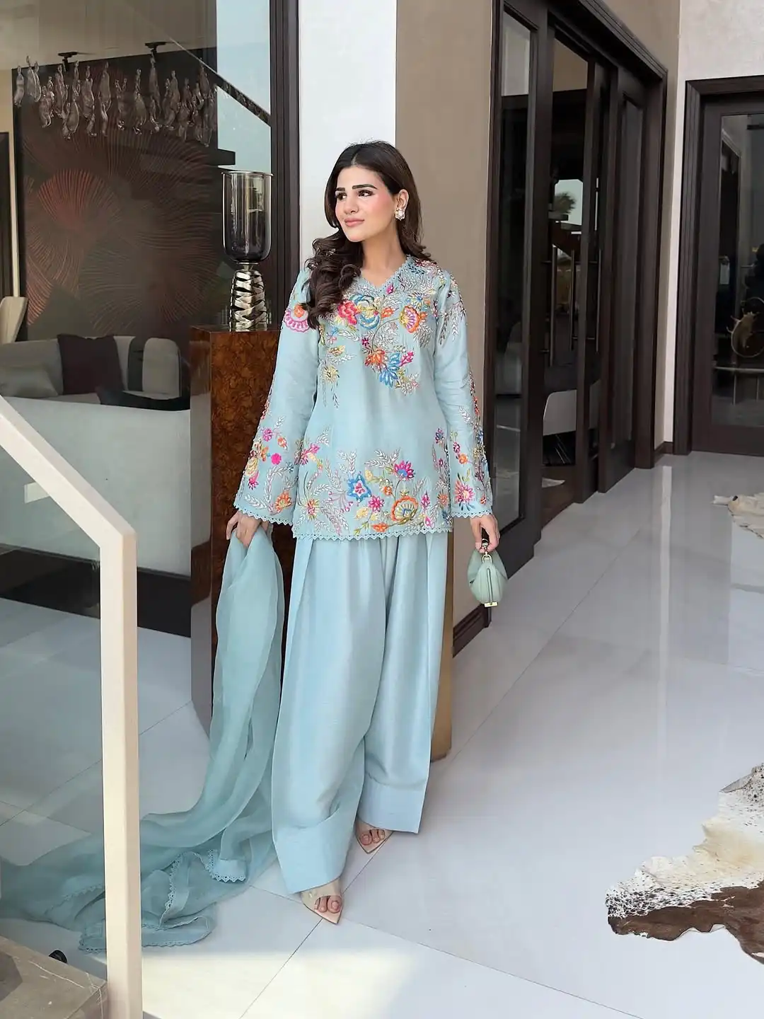 Classic Sky Blue Organza Embroidery Work Salwar Suit - Image 3