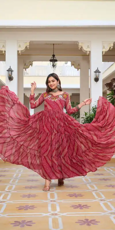 Alternative view of Cool Red Faux Georgette Mirror Work Gown