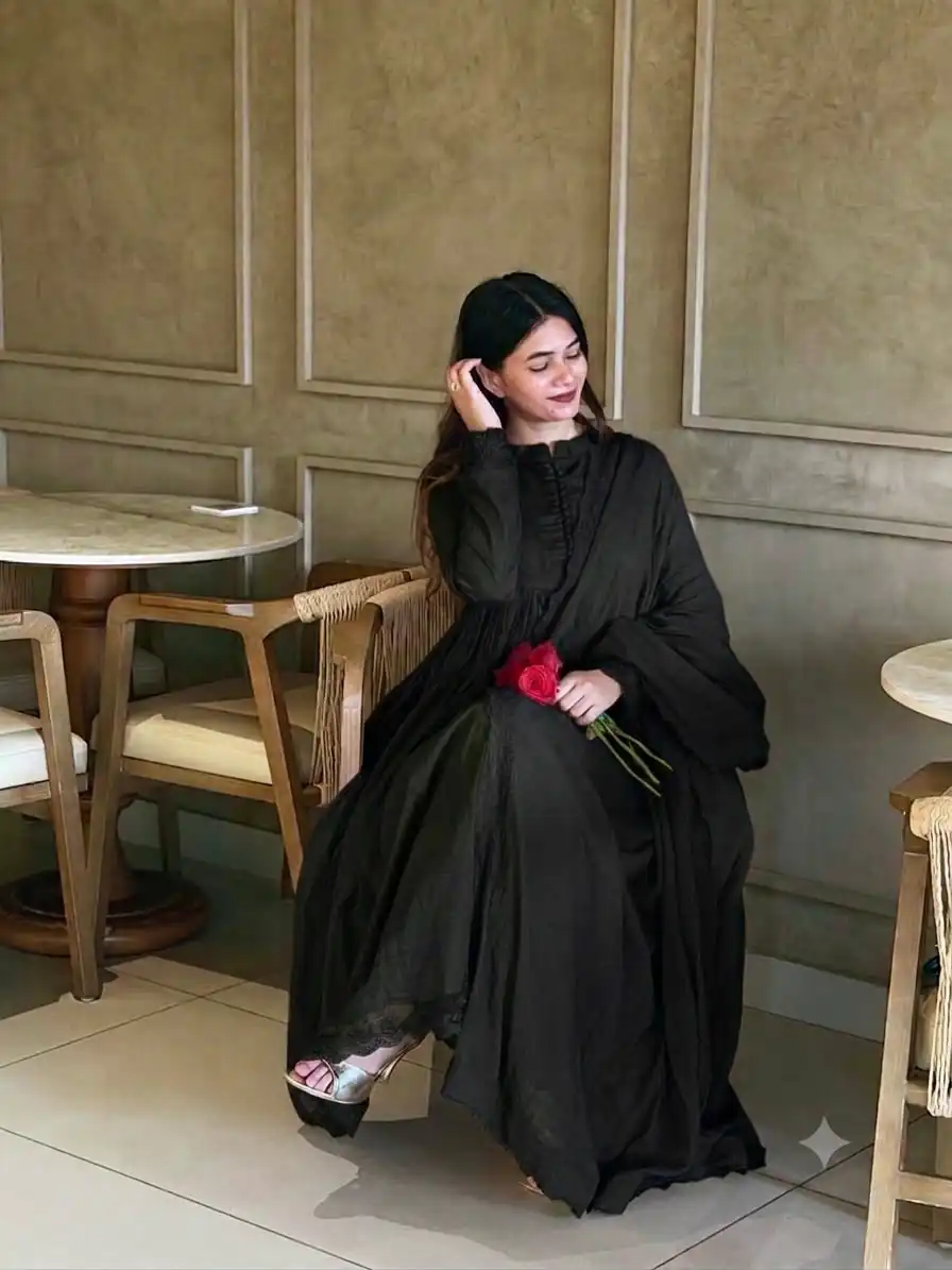 Fancy Black Roman Silk  Embroidery Cut Work Gown - Image 3