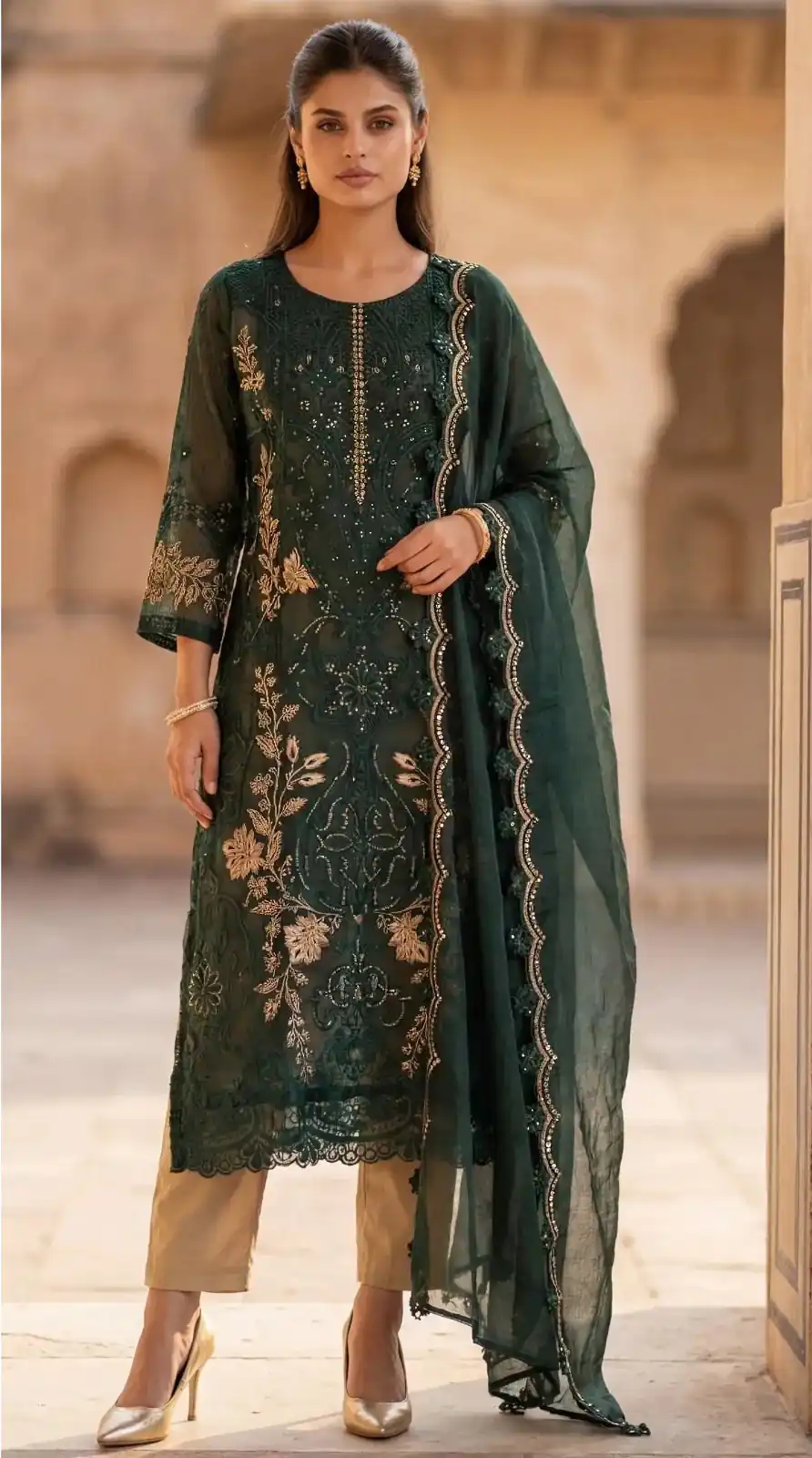 Fancy Green Crunchy Embroidery Work Salwar Suit