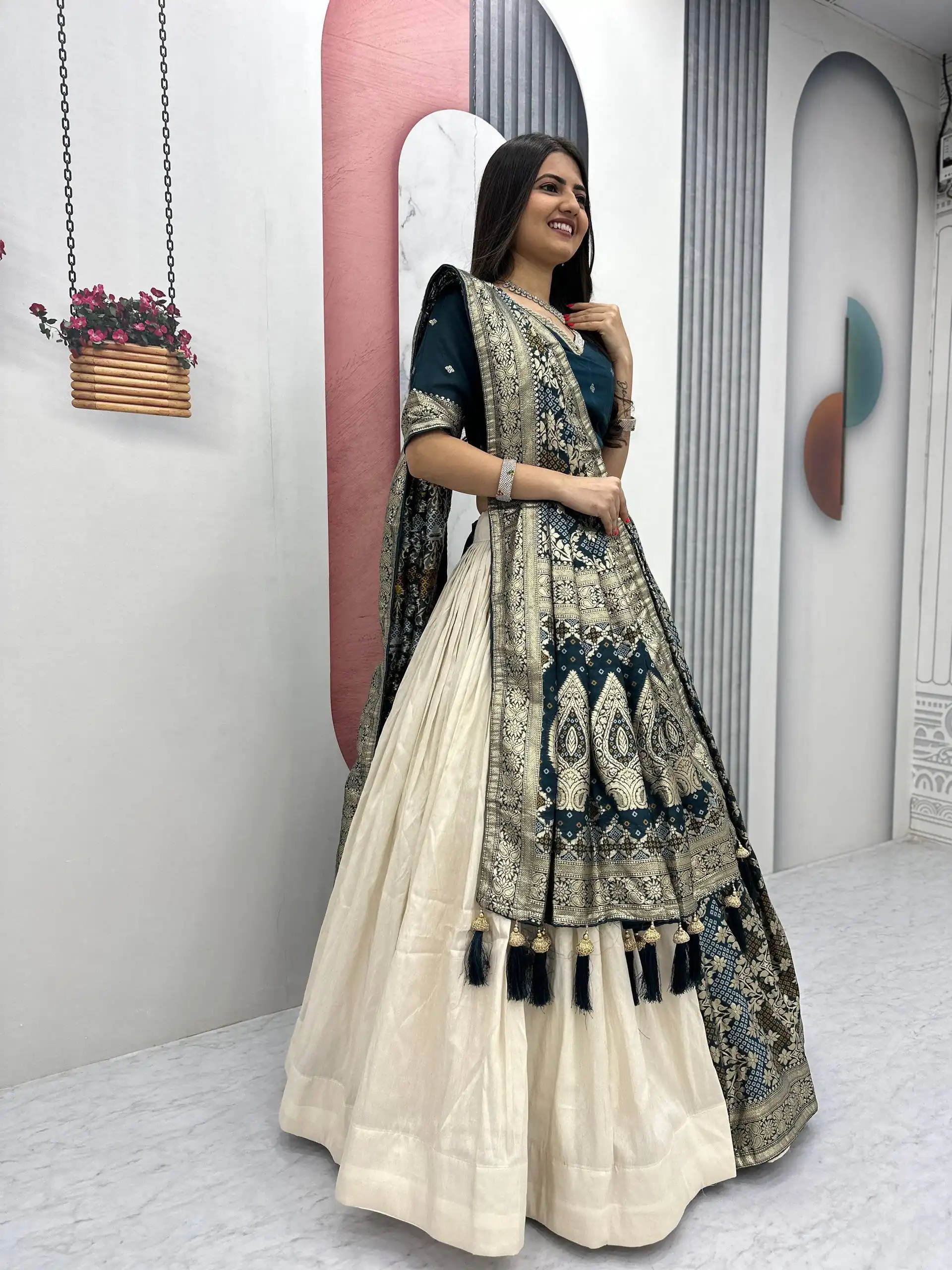 Fancy Teal Jacquard Silk Moti Work Lehenga Choli - Image 7