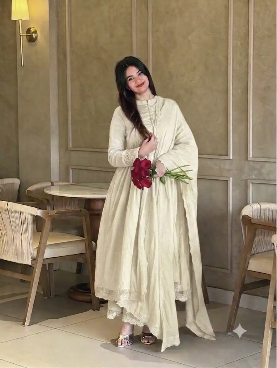 Fancy White Roman Silk  Embroidery Cut Work Gown - Image 3