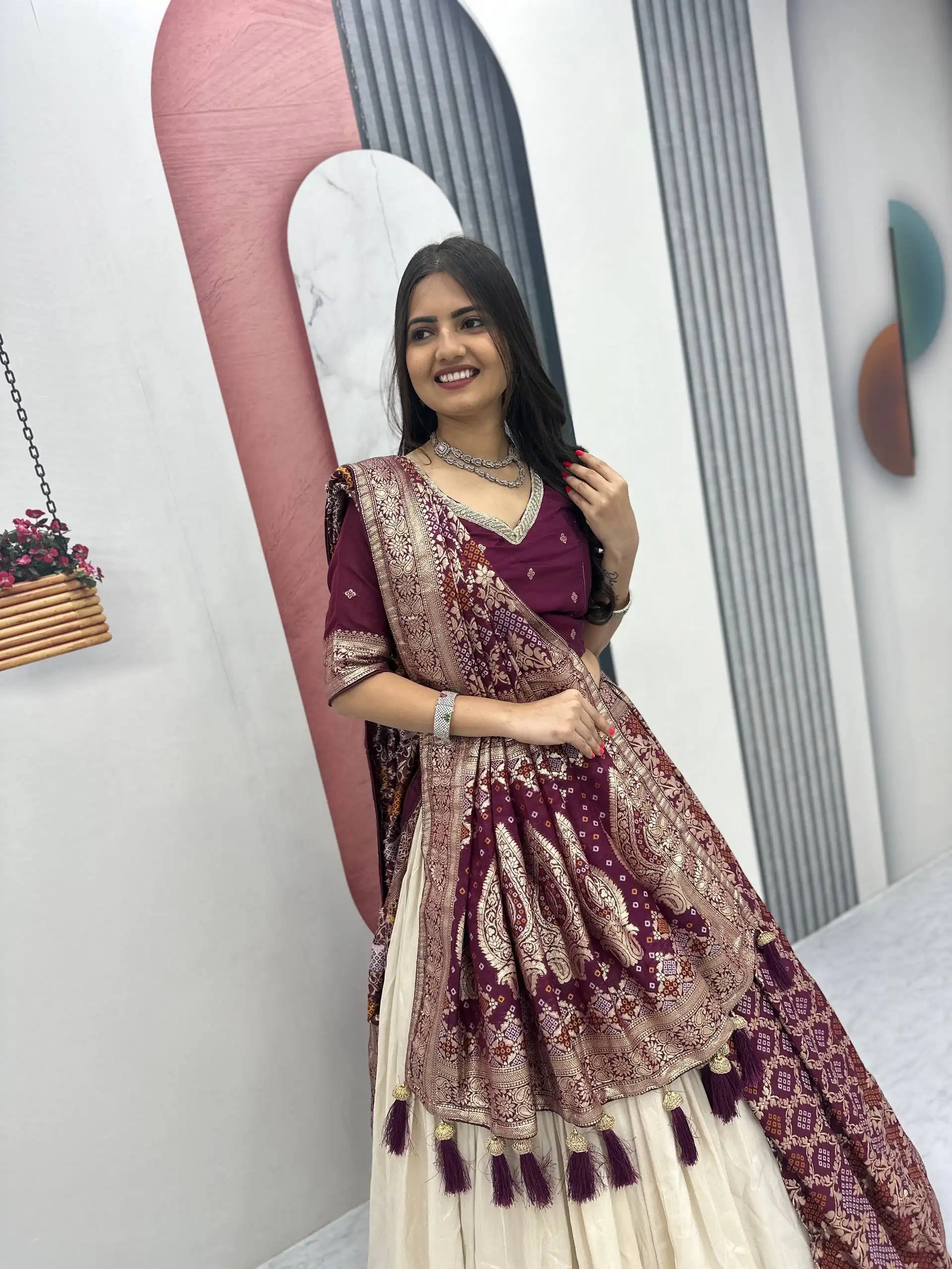 Fancy Wine Jacquard Silk Moti Work Lehenga Choli - Image 5