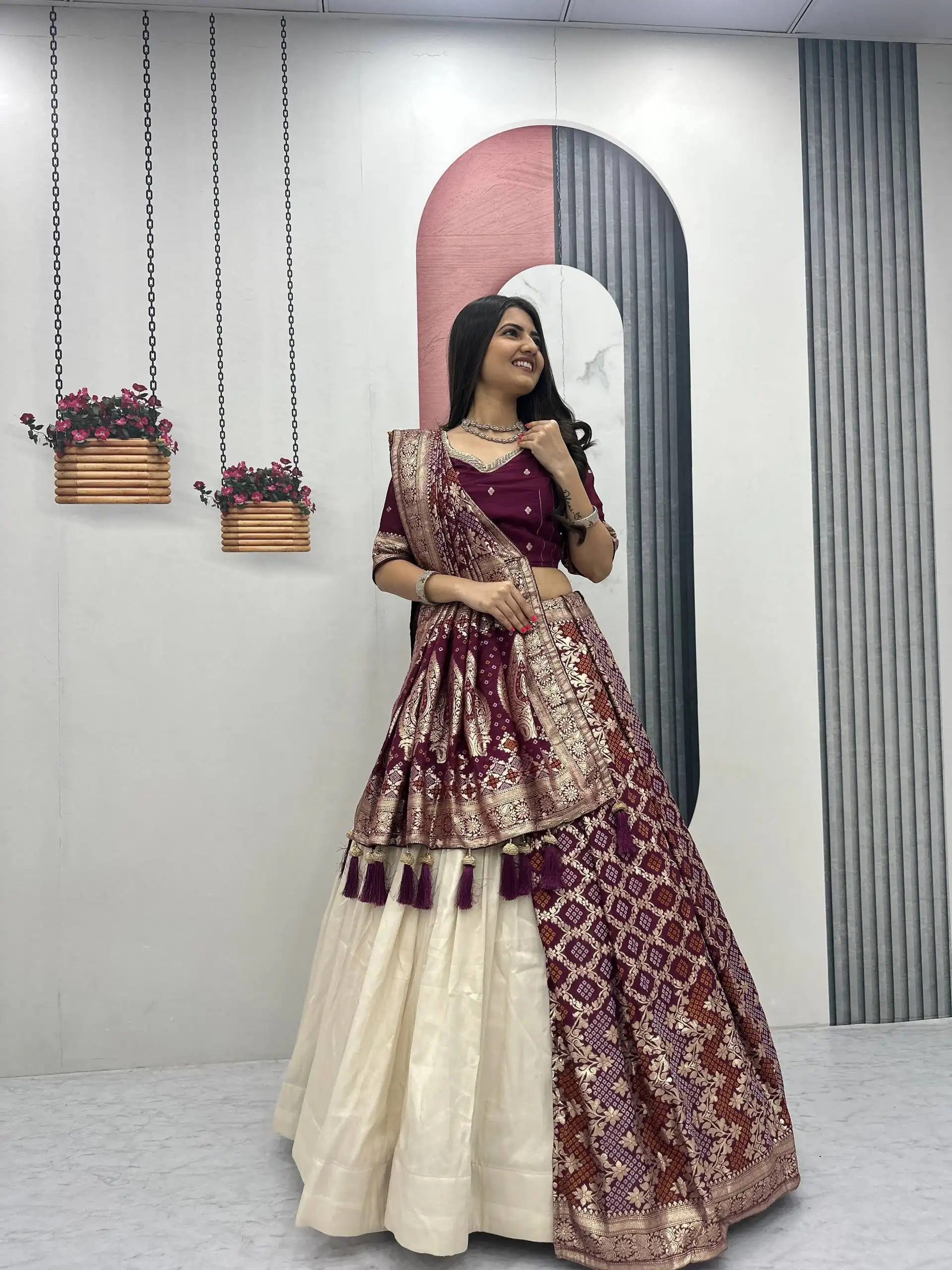 Fancy Wine Jacquard Silk Moti Work Lehenga Choli - Image 2
