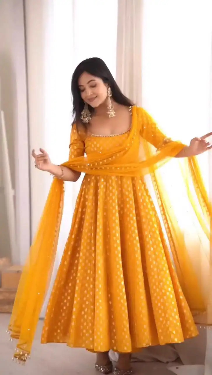 Fancy Yellow Chanderi Jacquard Butti Mirror Work Anarkali Suit - Image 5