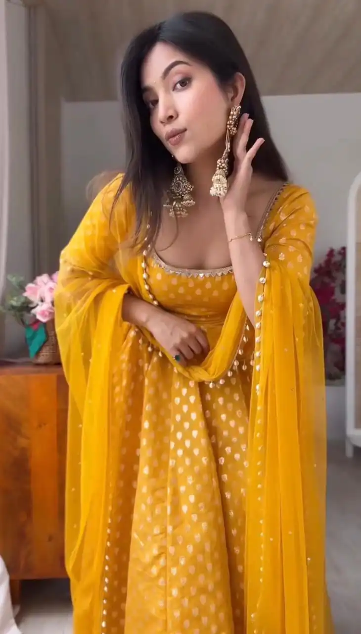 Fancy Yellow Chanderi Jacquard Butti Mirror Work Anarkali Suit - Image 7