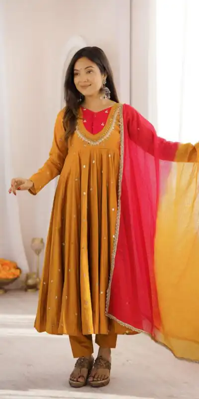 Alternative view of Lovely Mustered Roman Silk Mirror Embroidery Work Gown