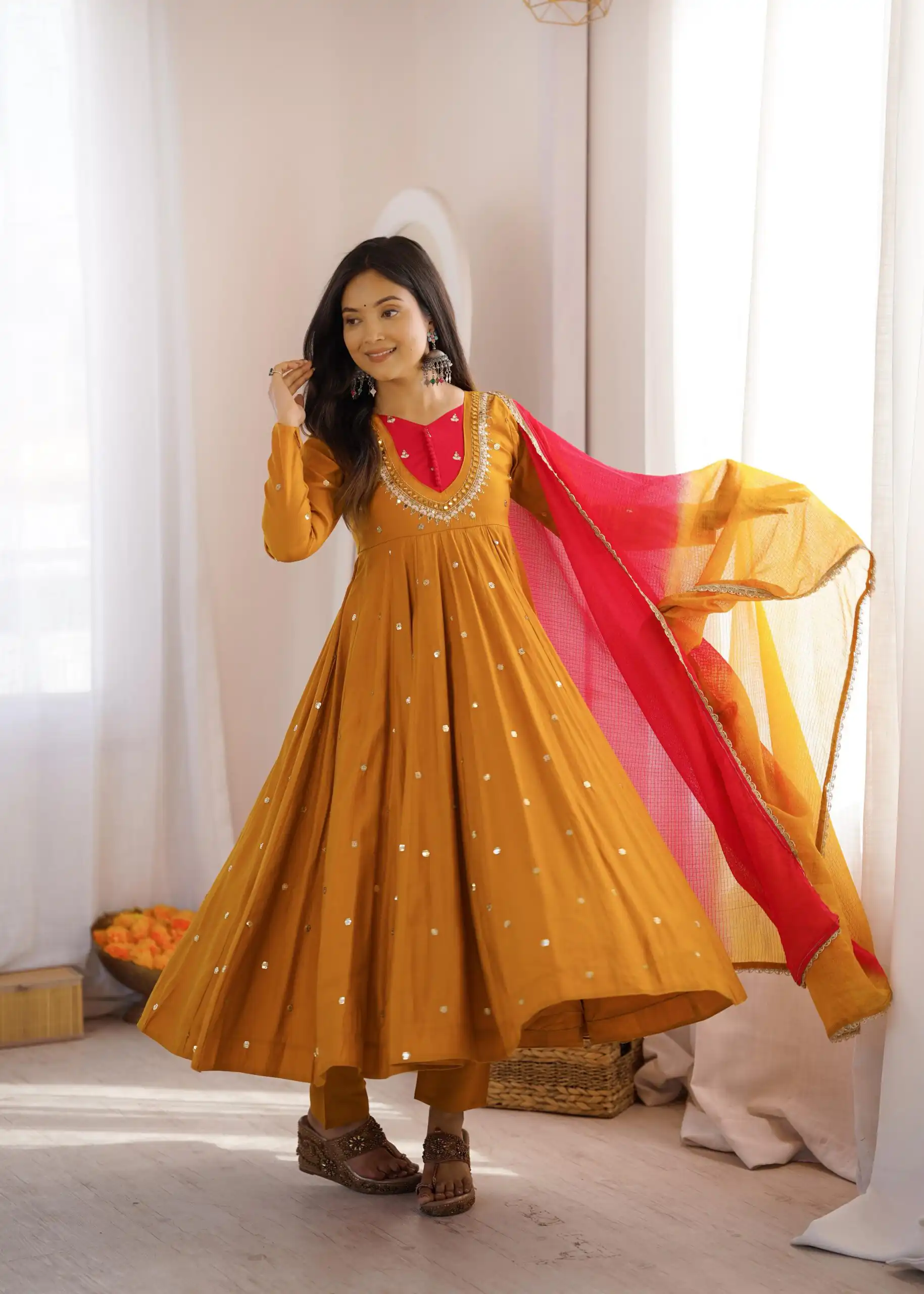 Lovely Mustered Roman Silk Mirror Embroidery Work Gown - Image 8