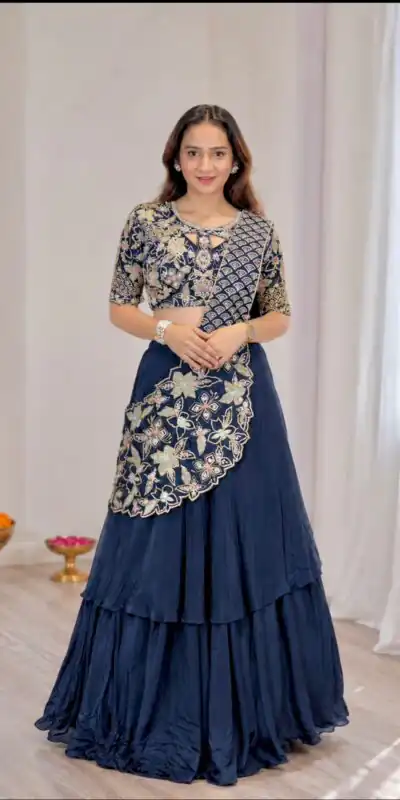 Lovely Nay Blue French Crape Embroidery Work Saree
