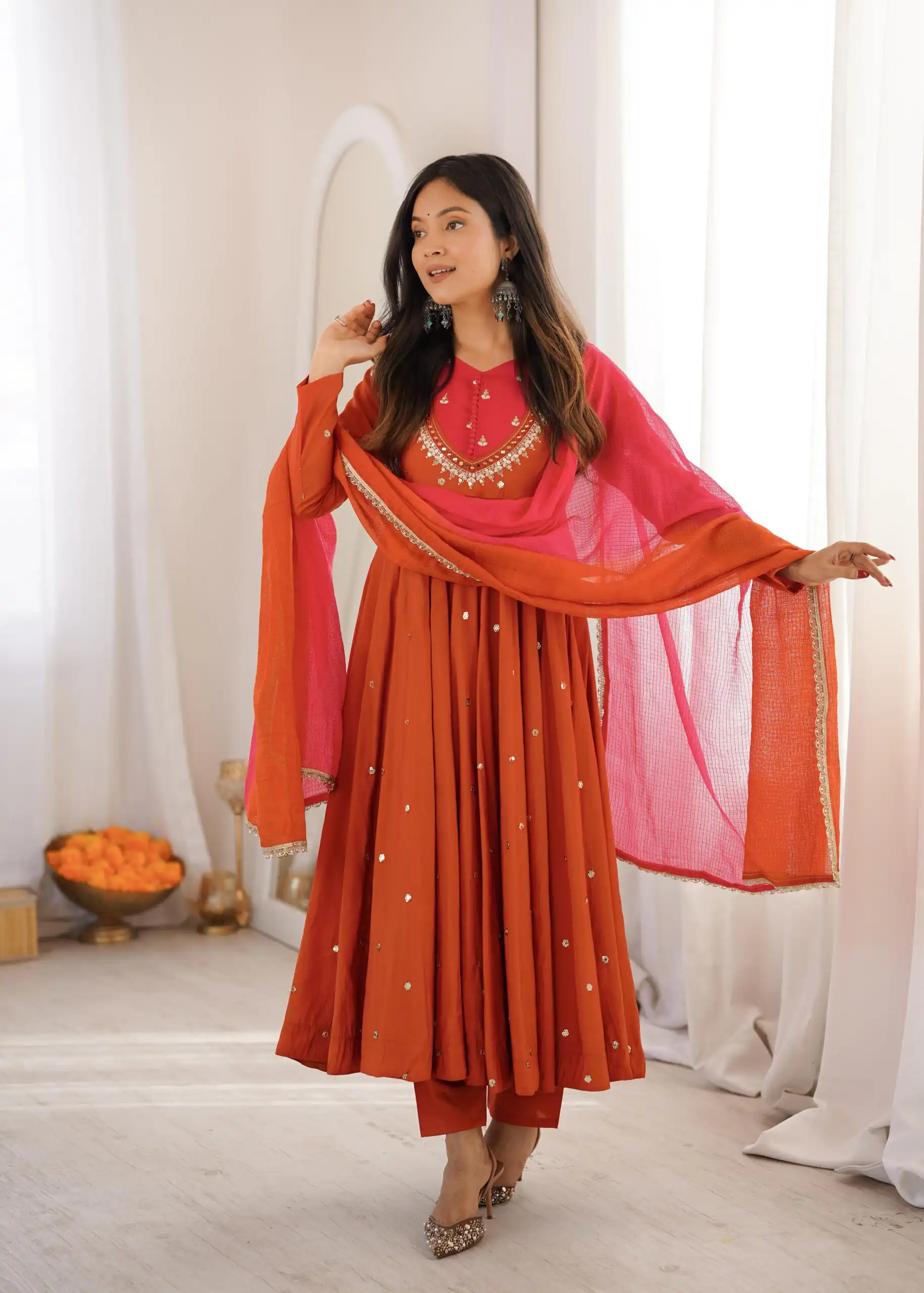 Lovely Rust Roman Silk Mirror Embroidery Work Gown - Image 3