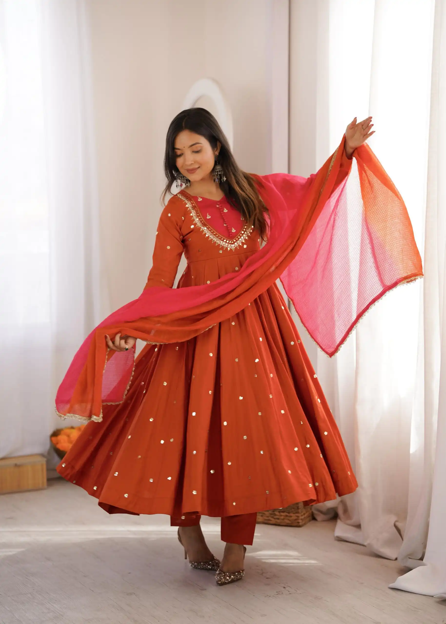 Lovely Rust Roman Silk Mirror Embroidery Work Gown - Image 4