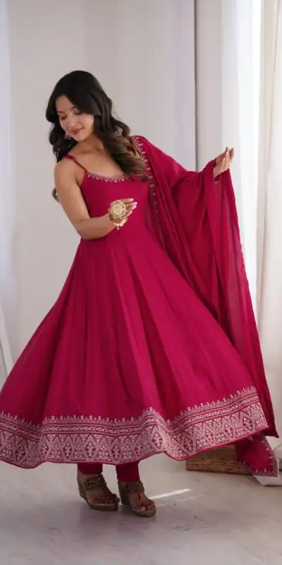 Alternative view of Nice Pink Roman Silk Chanderi Embroider Work Anarkali Suit