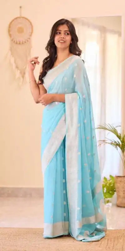 Perfect Sky Blue Soft Lilan Slab Jacquard Work Saree