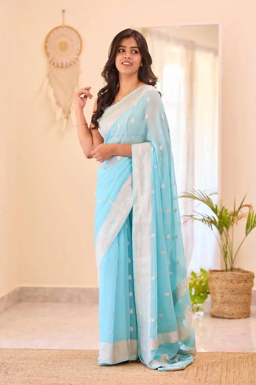 Perfect Sky Blue Soft Lilan Slab Jacquard Work Saree