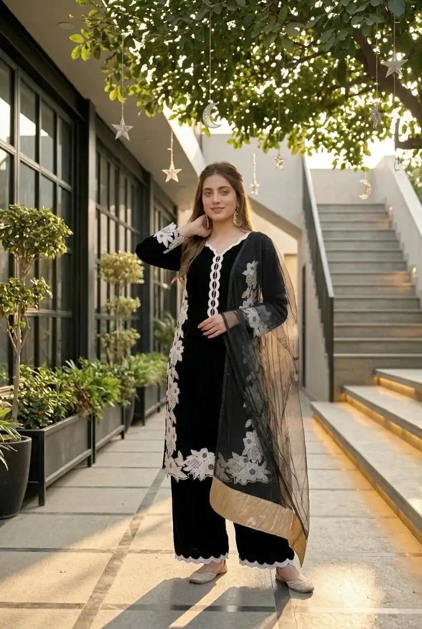 Pretty Black Natural Silk Embroidery Work Salwar Suit - Image 3