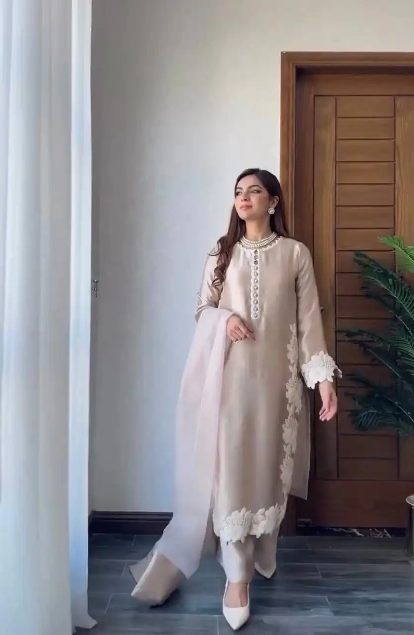 Pretty Cream Natural Silk Embroidery Work Salwar Suit - Image 2