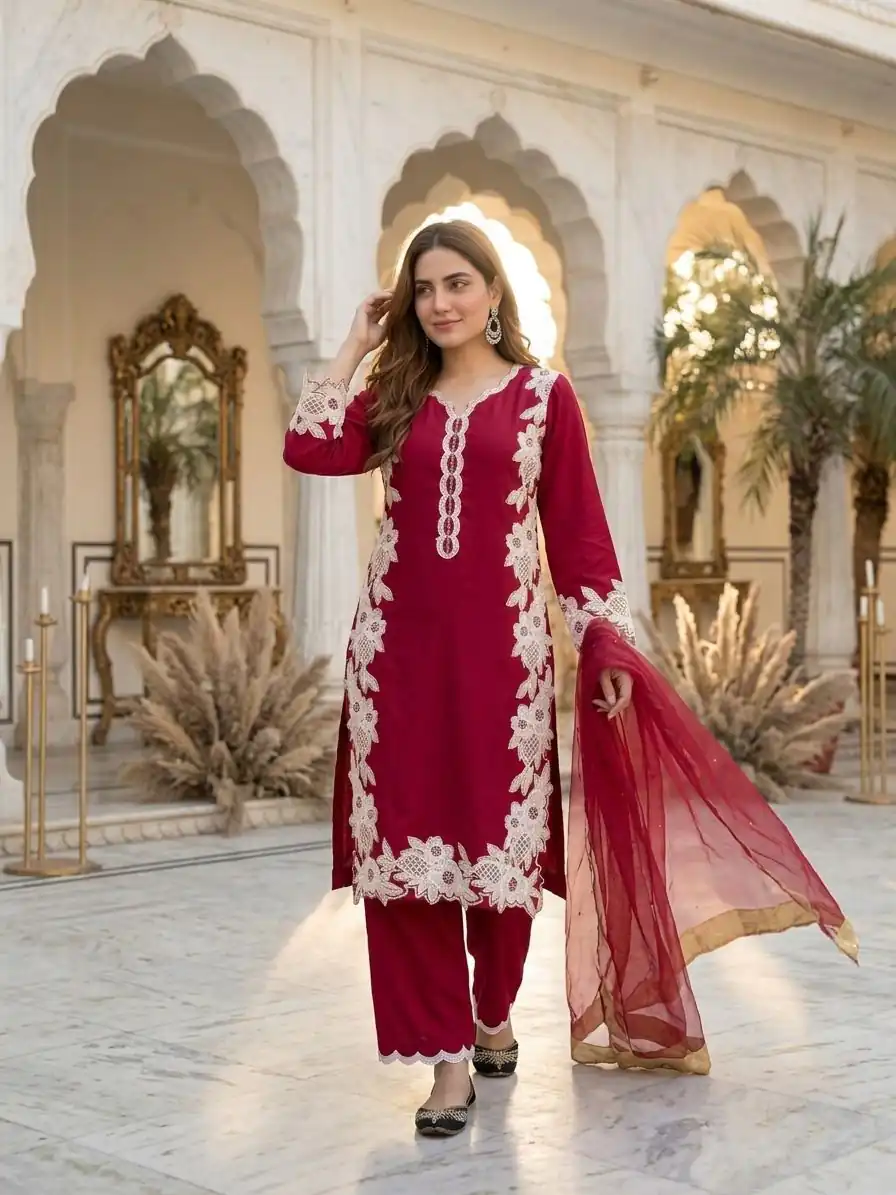 Pretty Red Natural Silk Embroidery Work Salwar Suit - Image 2
