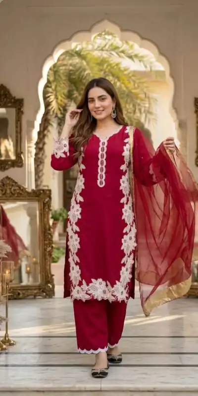 Pretty Red Natural Silk Embroidery Work Salwar Suit