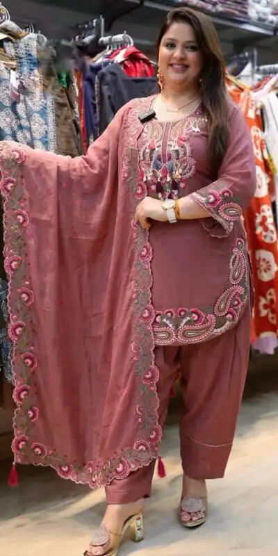 Pretty Rust Georgette Embroidery Work Salwar Suit