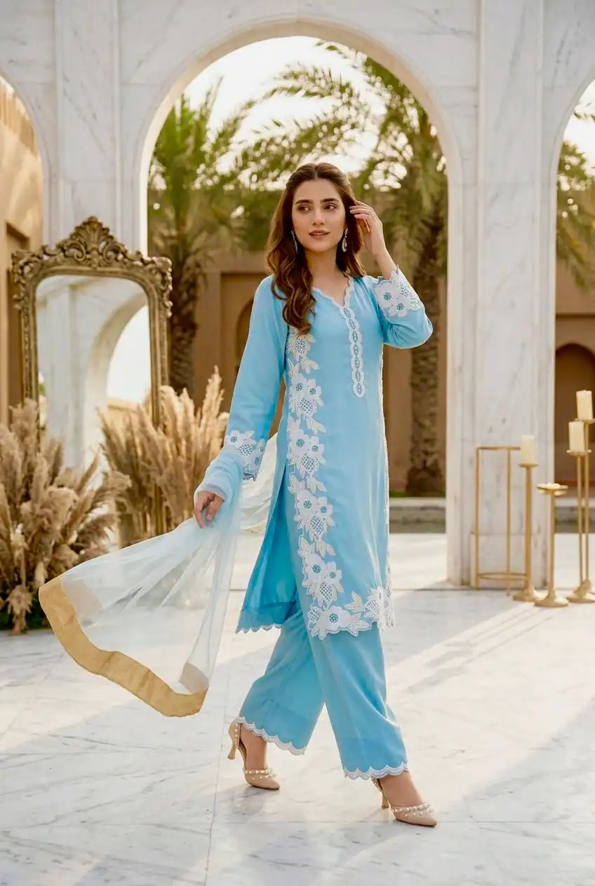 Pretty Sky Blue Natural Silk Embroidery Work Salwar Suit - Image 2