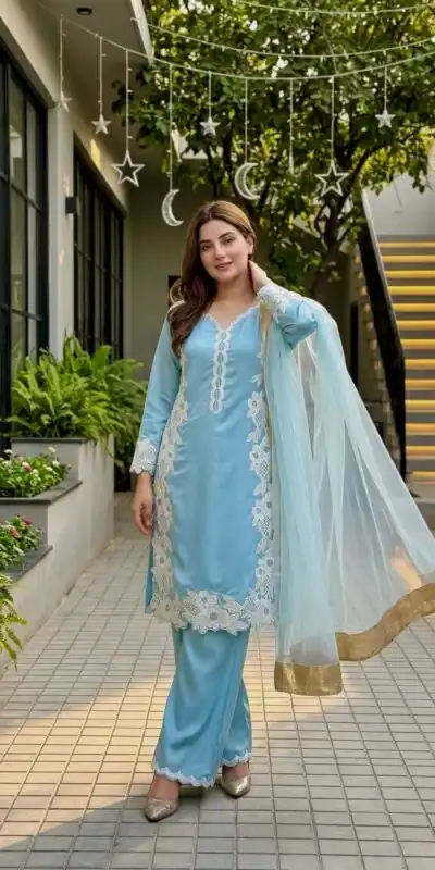 Pretty Sky Blue Natural Silk Embroidery Work Salwar Suit