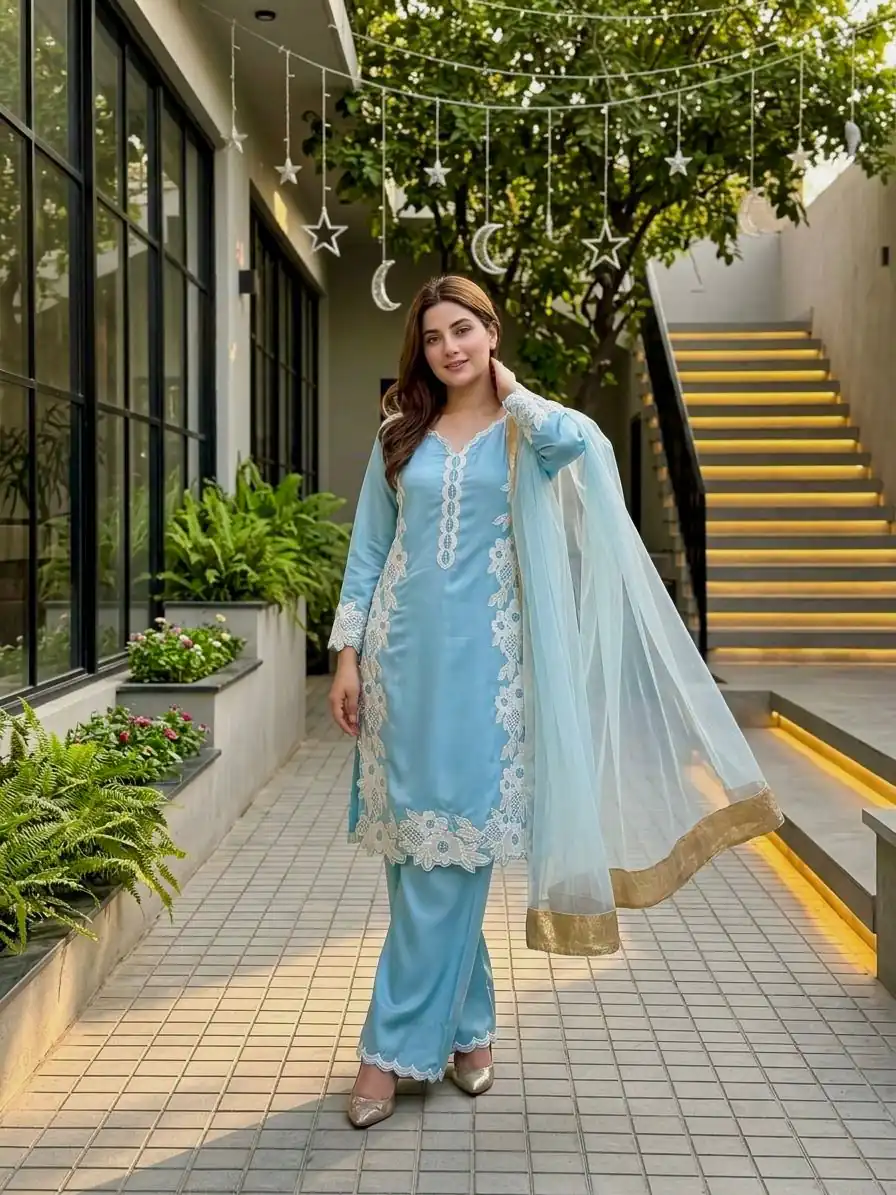 Pretty Sky Blue Natural Silk Embroidery Work Salwar Suit