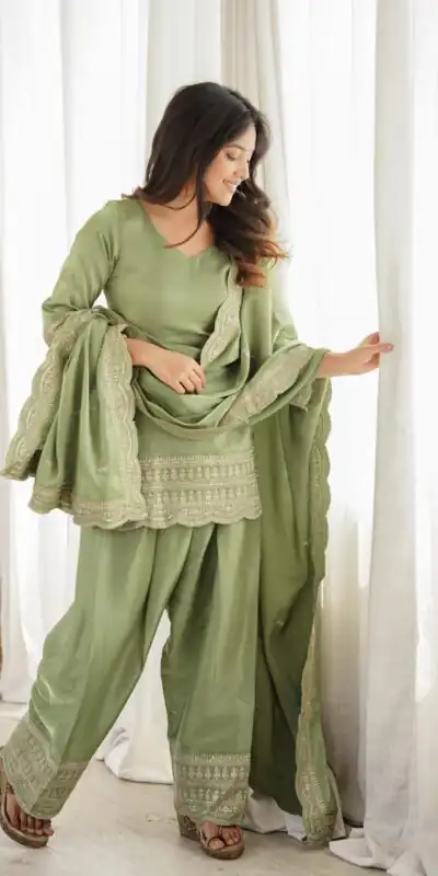 Alternative view of Shiny Pista Glass Roman Silk Embroider Work Salwar Suit
