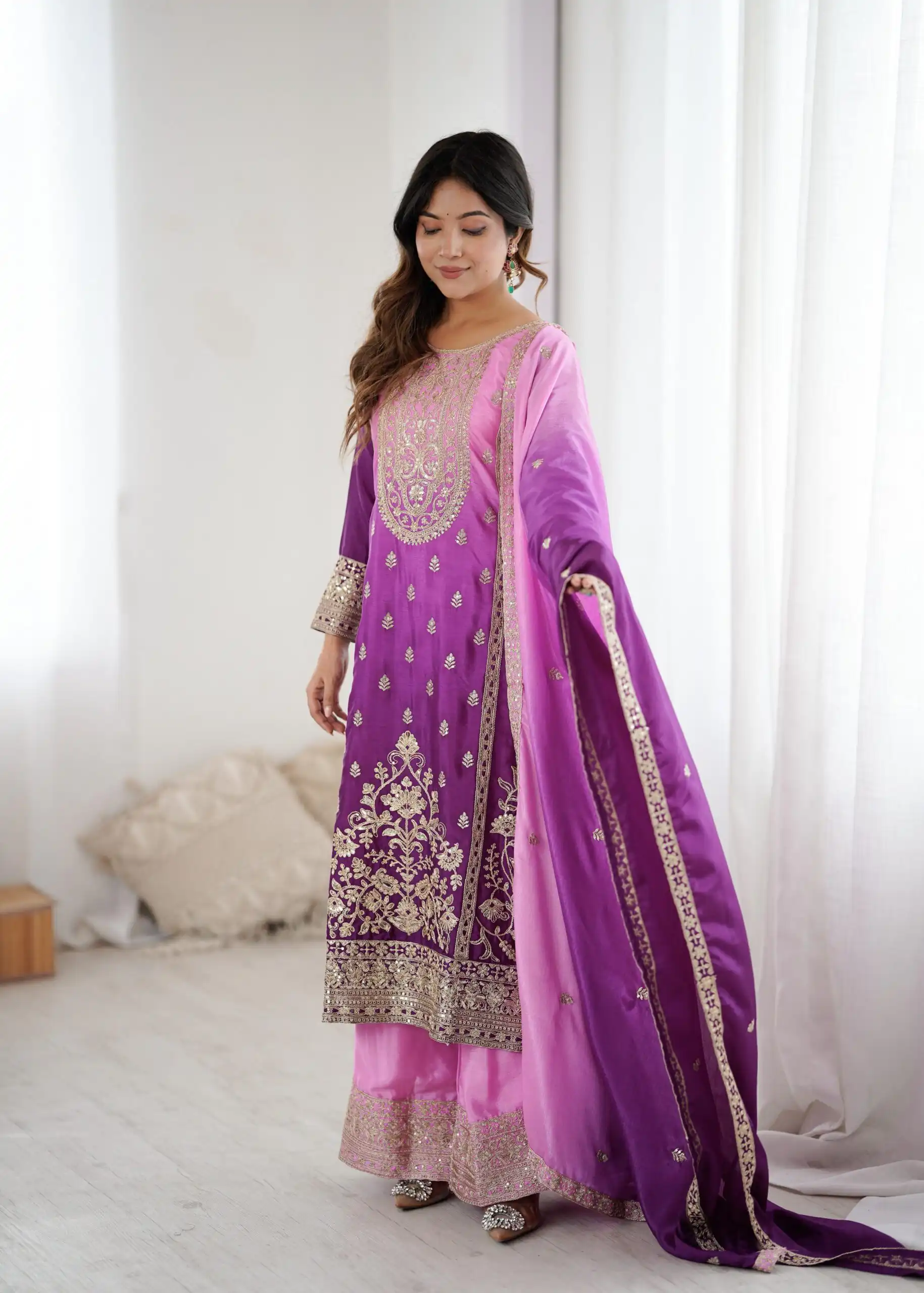 Shiny Purple Shaded Chinon Silk Embroidery Work Salwar Suit - Image 2