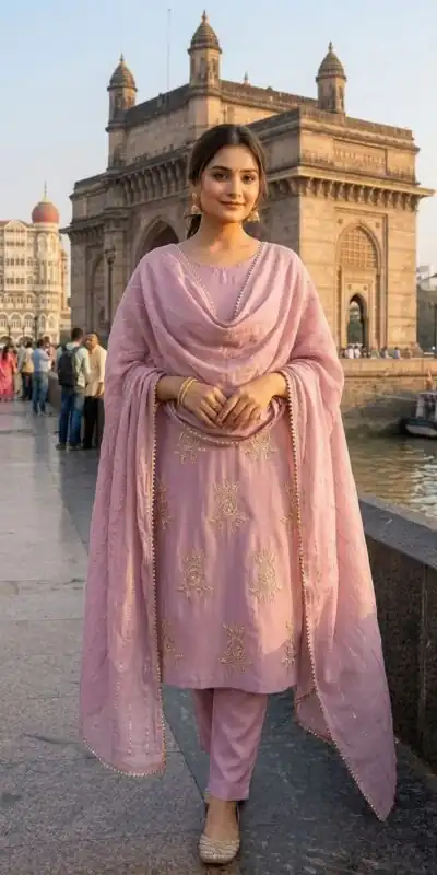 Solid Baby Pink Chinon Embroidery Work Salwar Suit